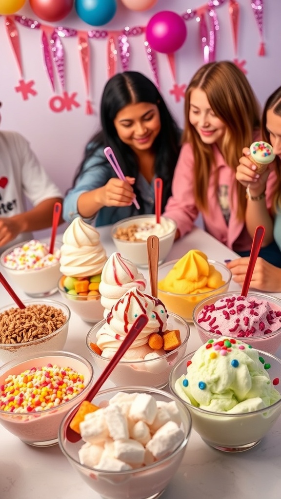 A colorful display of ice cream bowls with toppings for an ice cream snap night.